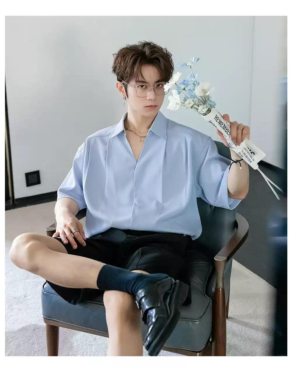 Chuan Plain Pleated Buttoned Shirt-korean-fashion-Shirt-Chuan's Closet-OH Garments