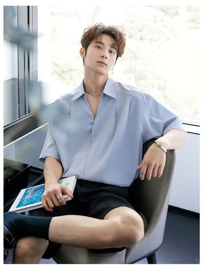 Chuan Plain Pleated Buttoned Shirt-korean-fashion-Shirt-Chuan's Closet-OH Garments