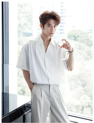 Chuan Plain Pleated Buttoned Shirt-korean-fashion-Shirt-Chuan's Closet-OH Garments