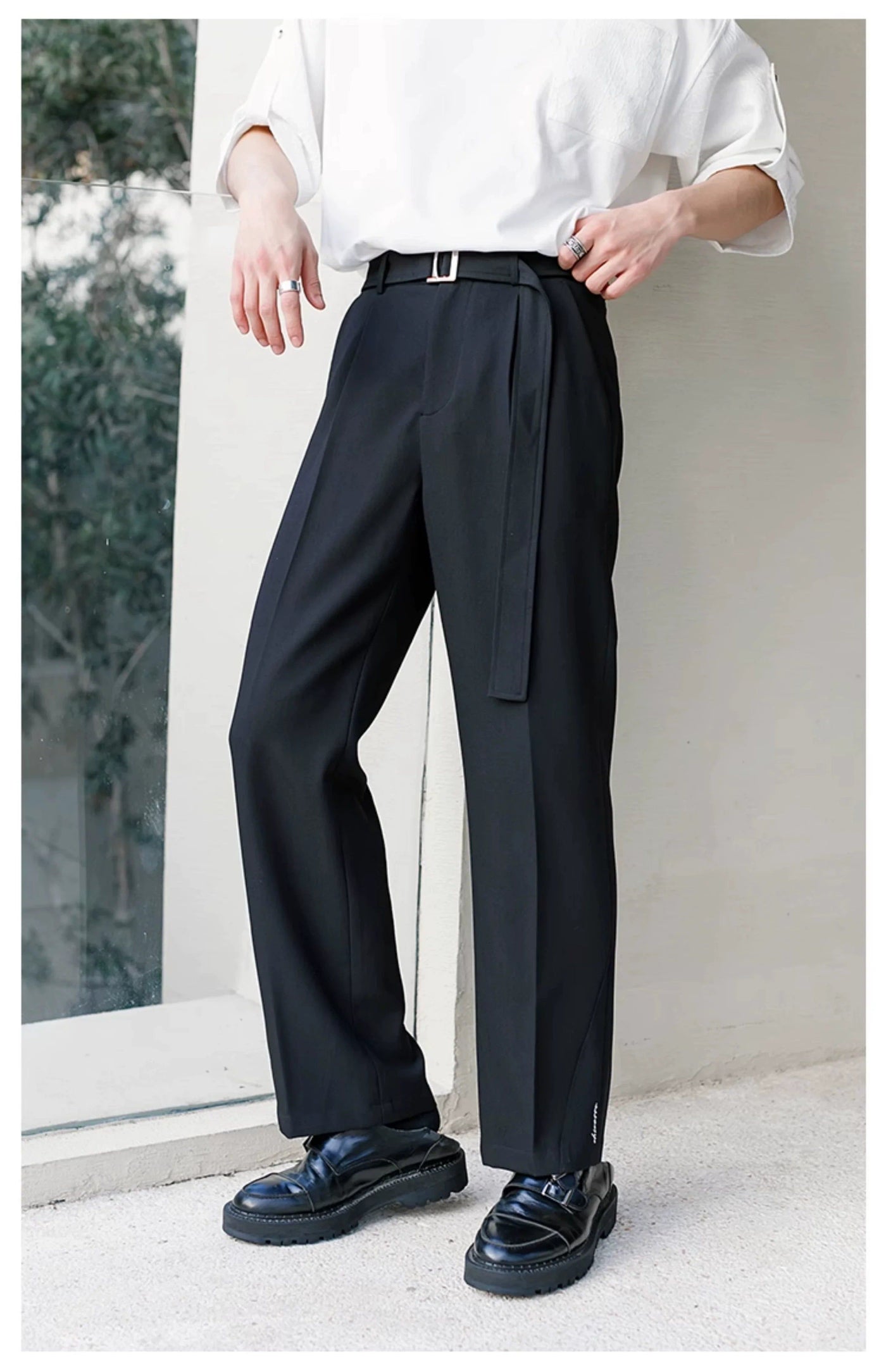 Chuan Pleated Waist Belt Pants-korean-fashion-Pants-Chuan's Closet-OH Garments
