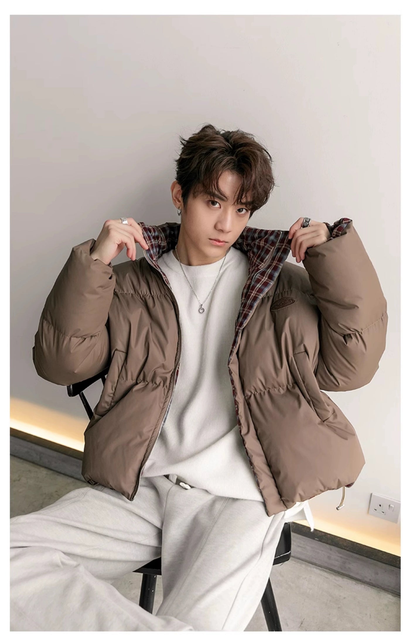 Chuan Reversible Plaid Short Puffer Jacket-korean-fashion-Jacket-Chuan's Closet-OH Garments
