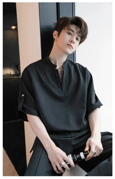 Chuan Rolled Sleeves V-Neck T-Shirt-korean-fashion-T-Shirt-Chuan's Closet-OH Garments