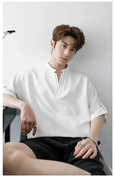 Chuan Rolled Sleeves V-Neck T-Shirt-korean-fashion-T-Shirt-Chuan's Closet-OH Garments