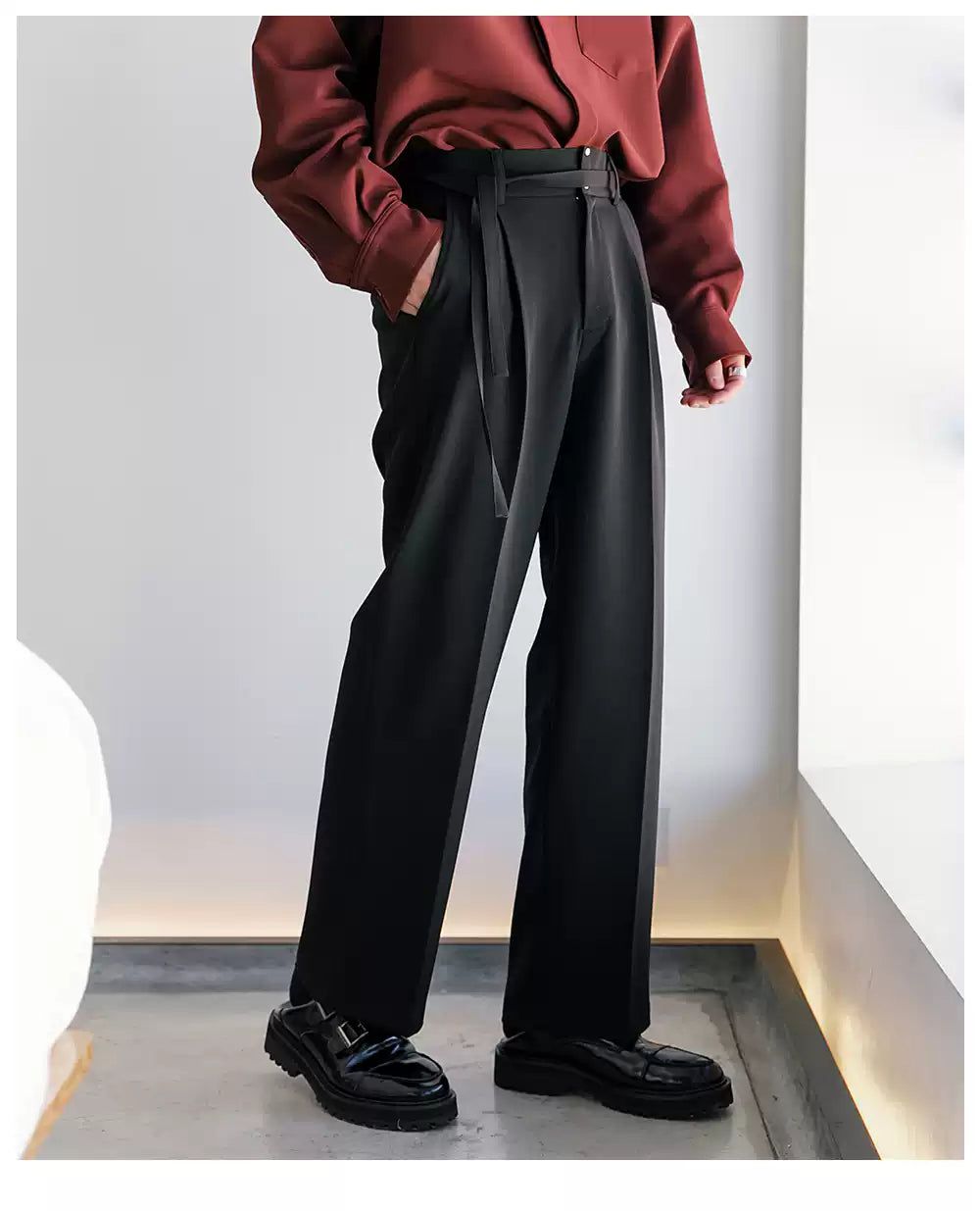 Chuan Seam Line Belted Strap Trousers-korean-fashion-Trousers-Chuan's Closet-OH Garments