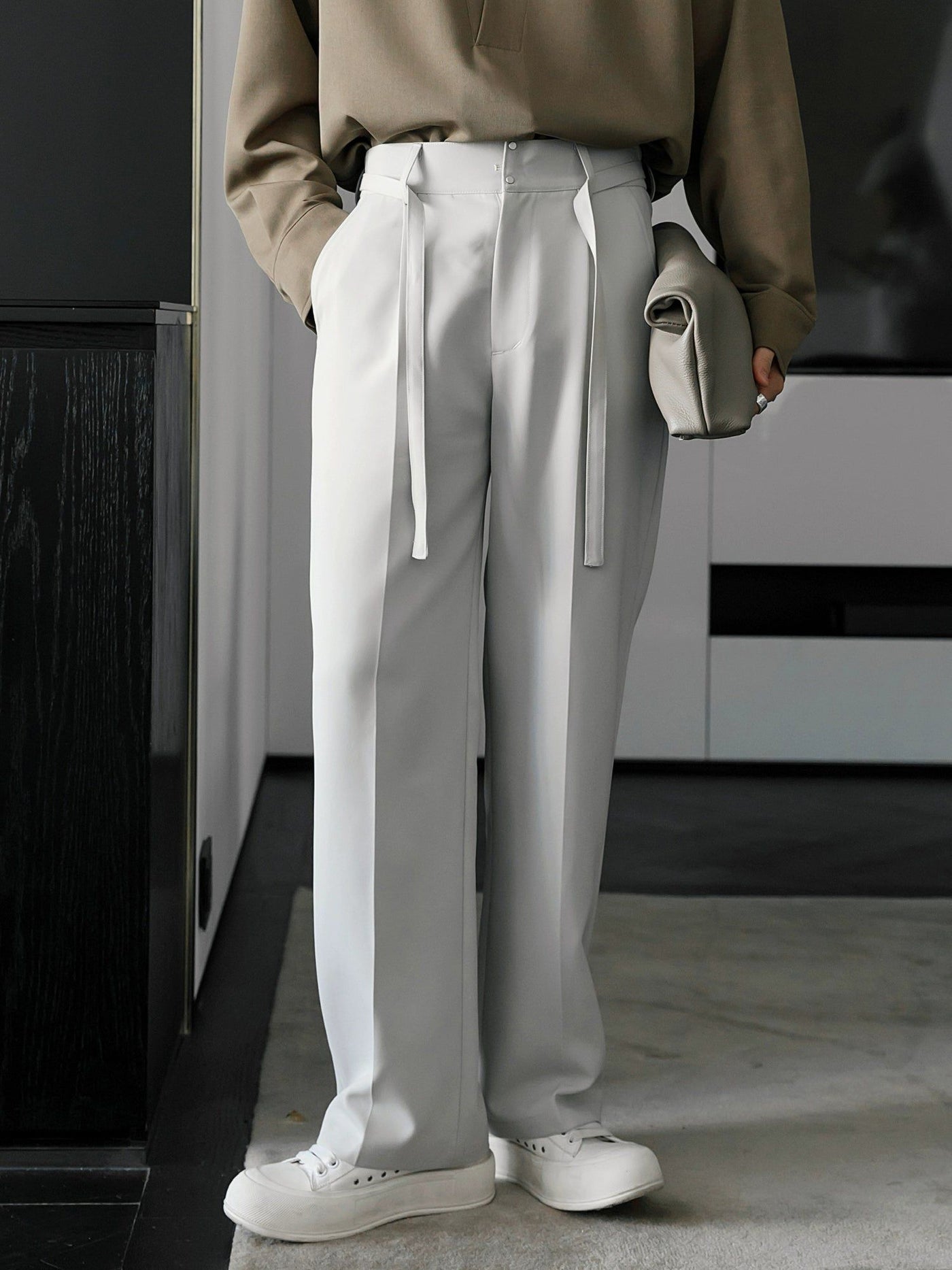 Chuan Seam Line Belted Strap Trousers-korean-fashion-Trousers-Chuan's Closet-OH Garments