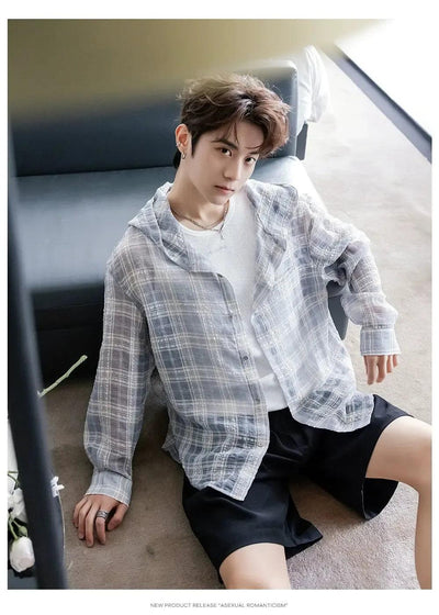 Chuan Sheer Plaid Hooded Shirt-korean-fashion-Shirt-Chuan's Closet-OH Garments