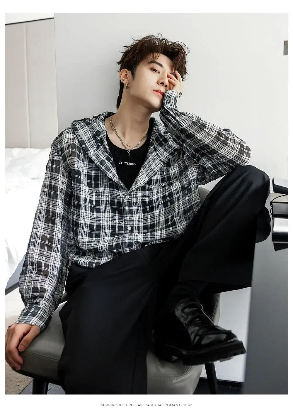 Chuan Sheer Plaid Hooded Shirt-korean-fashion-Shirt-Chuan's Closet-OH Garments