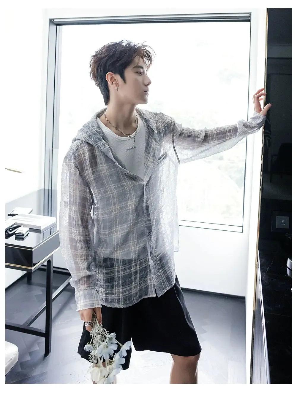 Chuan Sheer Plaid Hooded Shirt-korean-fashion-Shirt-Chuan's Closet-OH Garments