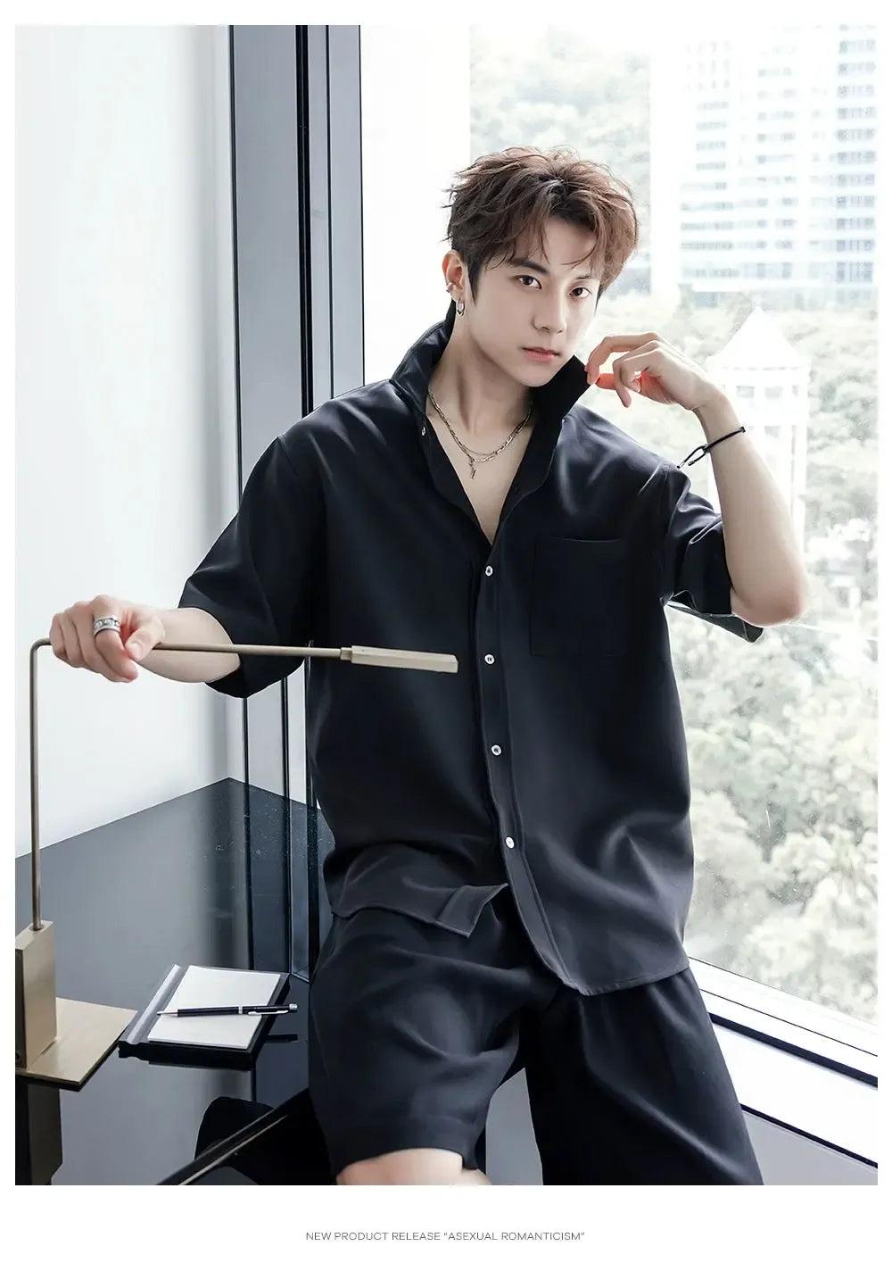 Chuan Sleek Plain Short Sleeve Shirt-korean-fashion-Shirt-Chuan's Closet-OH Garments