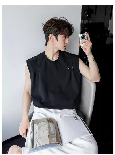 Chuan Sleek Pleated Rivet Tank Top-korean-fashion-Tank Top-Chuan's Closet-OH Garments
