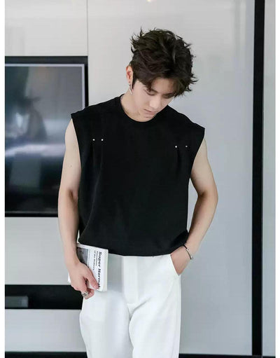 Chuan Sleek Pleated Rivet Tank Top-korean-fashion-Tank Top-Chuan's Closet-OH Garments