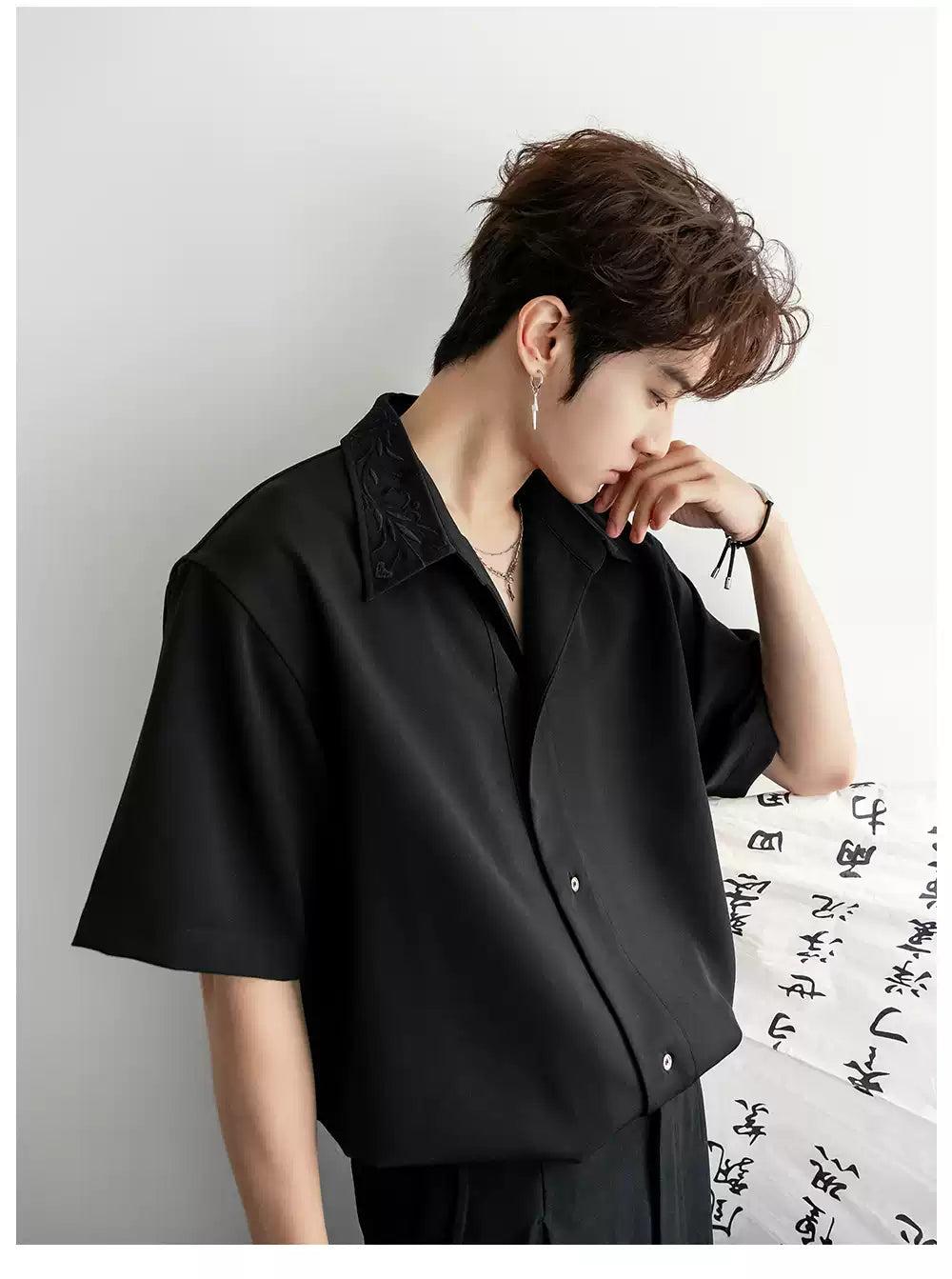 Chuan Solid Embroidery Collar Shirt-korean-fashion-Shirt-Chuan's Closet-OH Garments