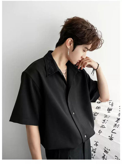 Chuan Solid Embroidery Collar Shirt-korean-fashion-Shirt-Chuan's Closet-OH Garments