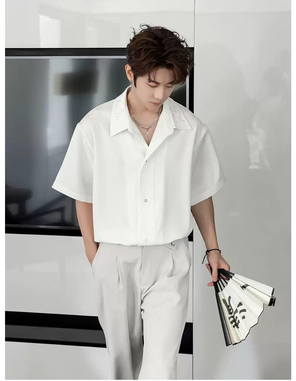 Chuan Solid Embroidery Collar Shirt-korean-fashion-Shirt-Chuan's Closet-OH Garments