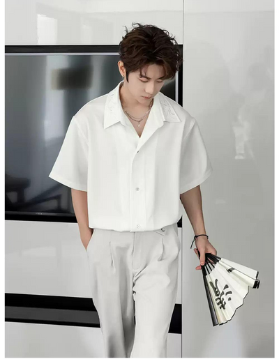 Chuan Solid Embroidery Collar Shirt-korean-fashion-Shirt-Chuan's Closet-OH Garments