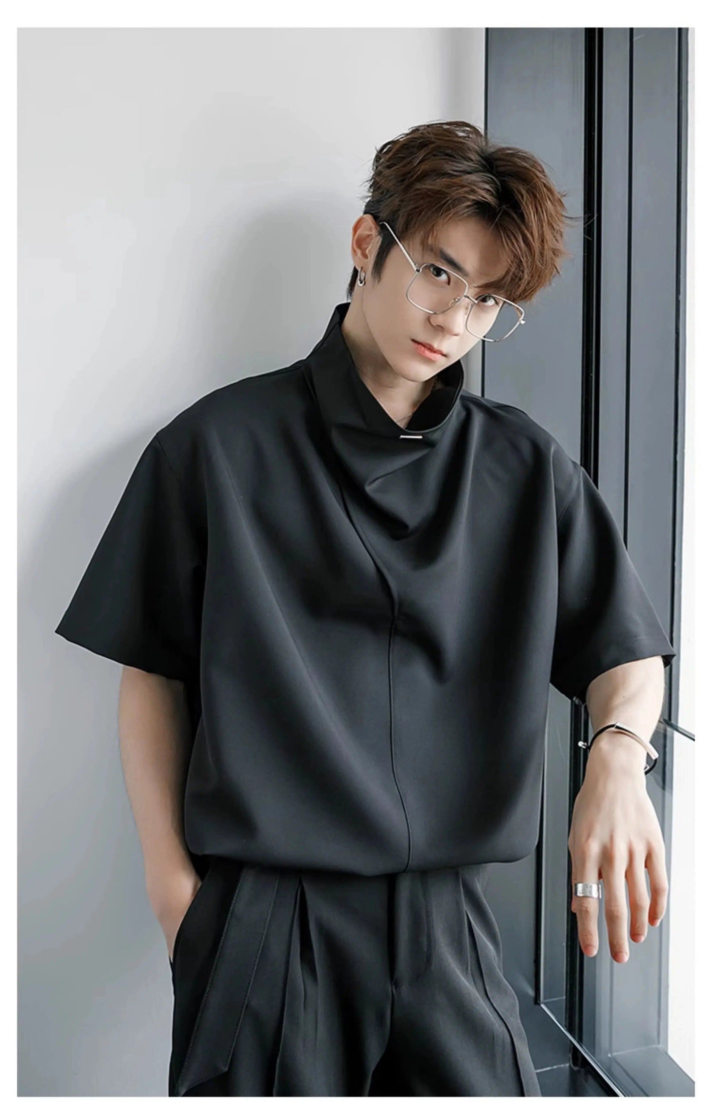 Chuan Solid Loose Mockneck Shirt-korean-fashion-Shirt-Chuan's Closet-OH Garments