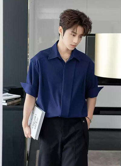 Chuan Solid Pleated Mid-Sleeve Shirt-korean-fashion-Shirt-Chuan's Closet-OH Garments