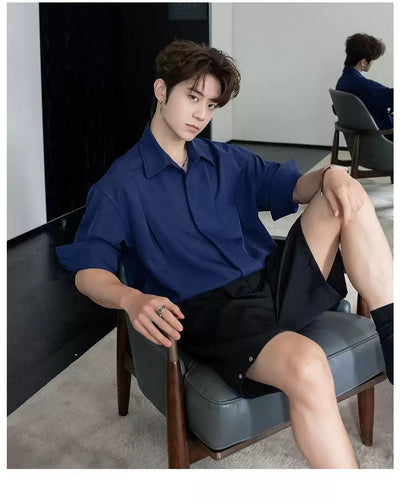 Chuan Solid Pleated Mid-Sleeve Shirt-korean-fashion-Shirt-Chuan's Closet-OH Garments