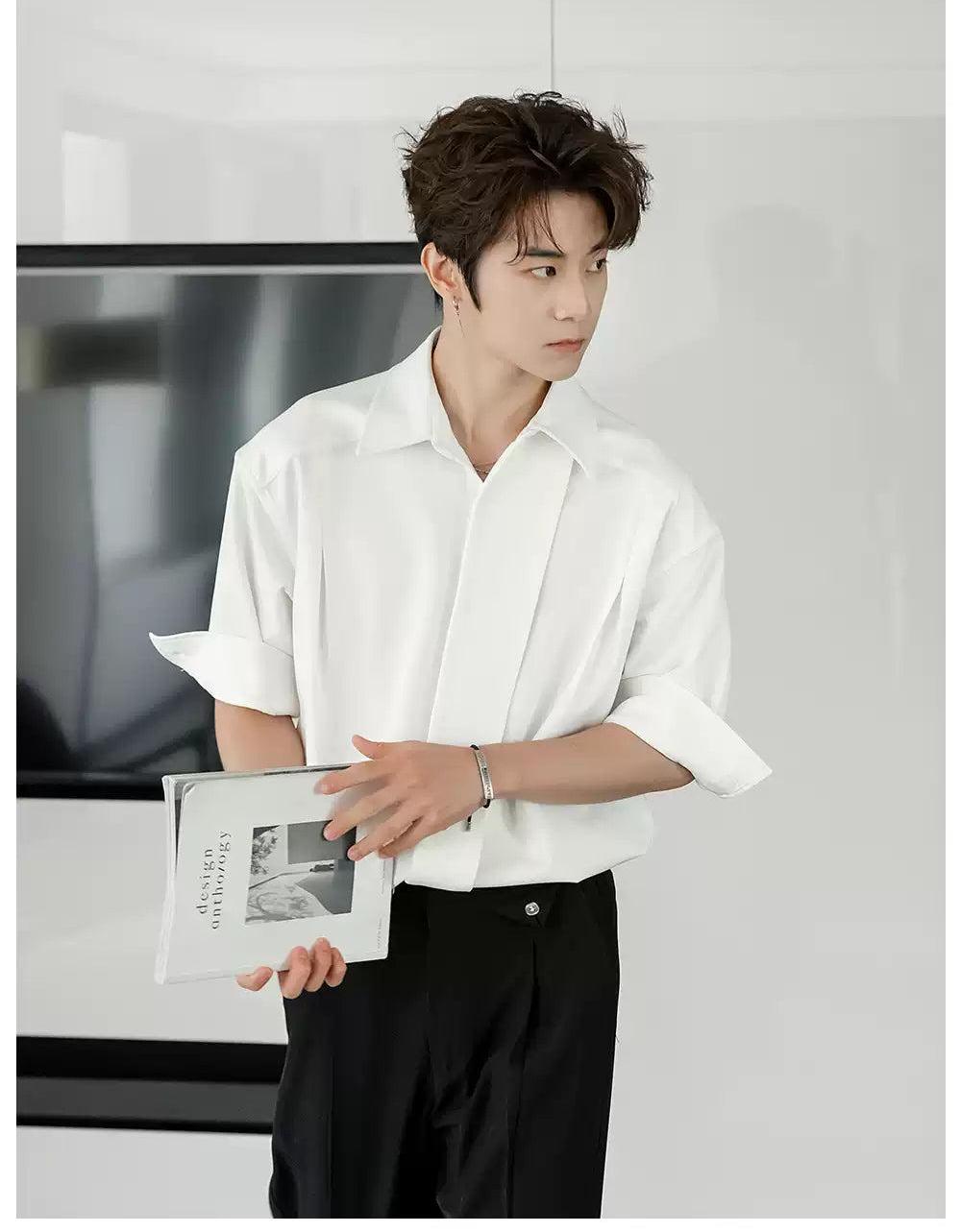 Chuan Solid Pleated Mid-Sleeve Shirt-korean-fashion-Shirt-Chuan's Closet-OH Garments