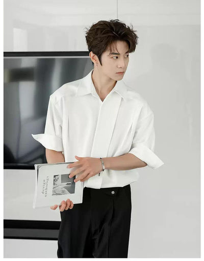 Chuan Solid Pleated Mid-Sleeve Shirt-korean-fashion-Shirt-Chuan's Closet-OH Garments