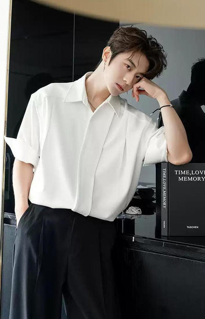 Chuan Solid Pleated Mid-Sleeve Shirt-korean-fashion-Shirt-Chuan's Closet-OH Garments