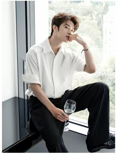 Chuan Solid Pleated Mid-Sleeve Shirt-korean-fashion-Shirt-Chuan's Closet-OH Garments