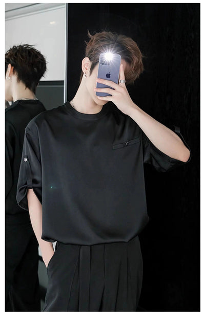 Chuan Solid Rolled Sleeves T-Shirt-korean-fashion-T-Shirt-Chuan's Closet-OH Garments