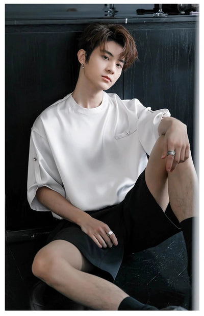 Chuan Solid Rolled Sleeves T-Shirt-korean-fashion-T-Shirt-Chuan's Closet-OH Garments