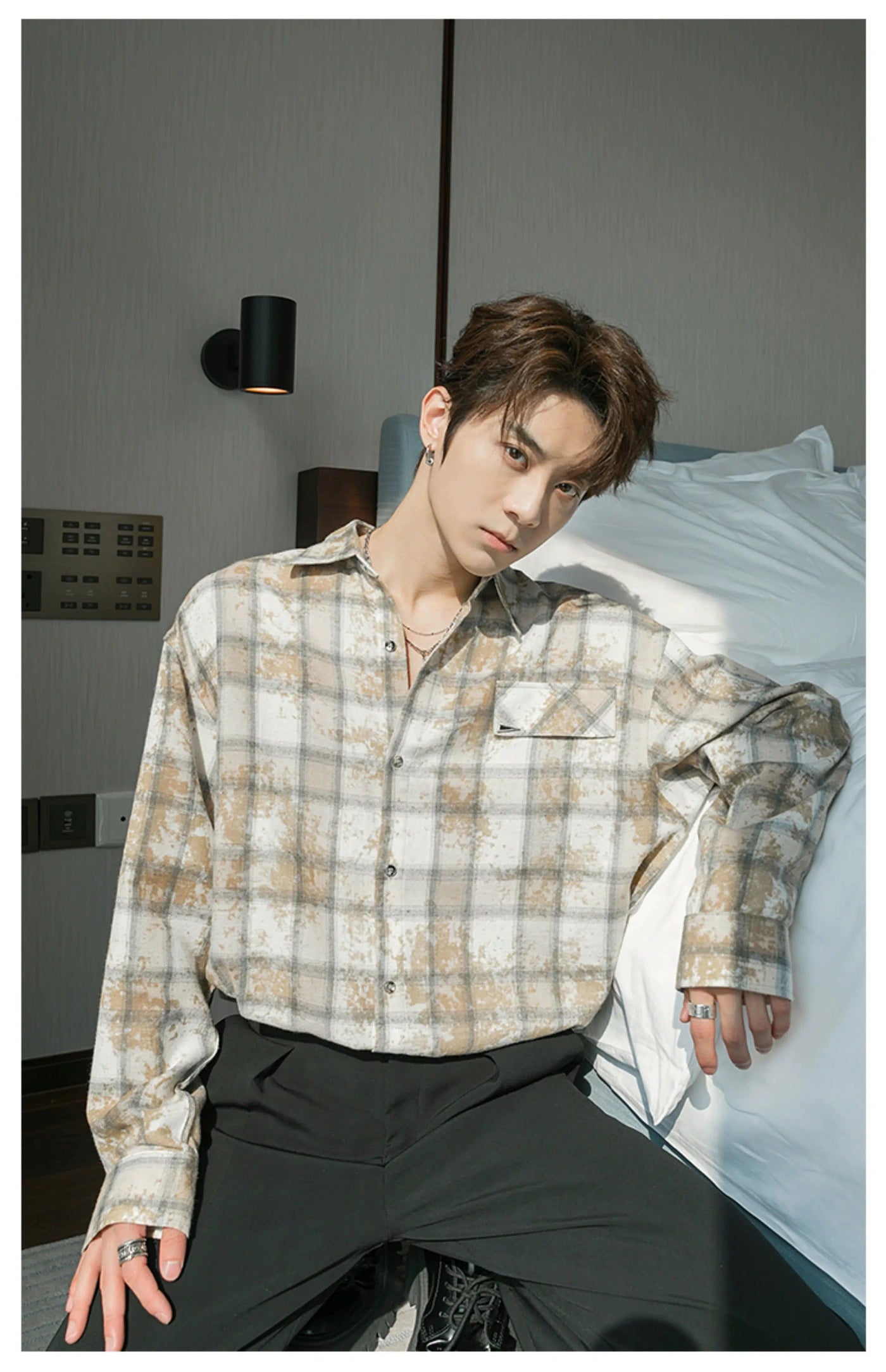 Chuan Splatters Detail Plaid Shirt-korean-fashion-Shirt-Chuan's Closet-OH Garments