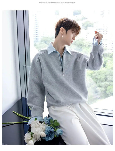 Chuan Spliced Collar Half-Zip-korean-fashion-Half-Zip-Chuan's Closet-OH Garments