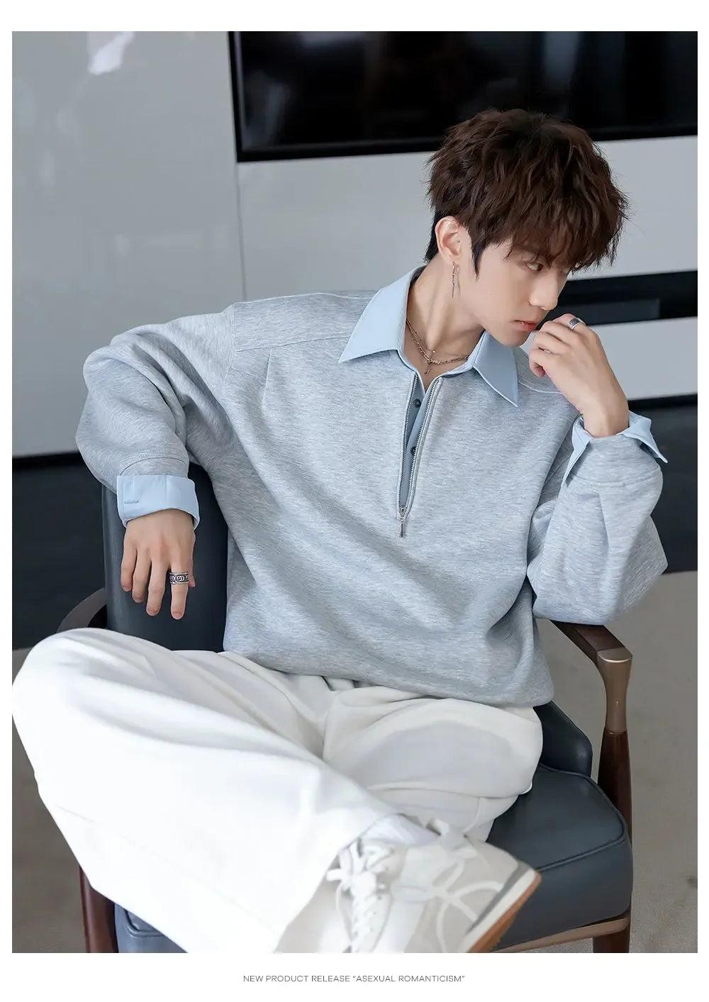 Chuan Spliced Collar Half-Zip-korean-fashion-Half-Zip-Chuan's Closet-OH Garments
