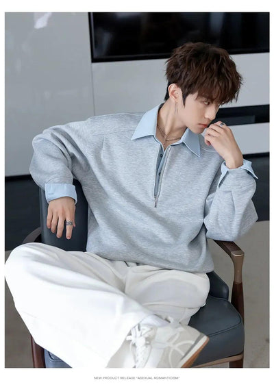 Chuan Spliced Collar Half-Zip-korean-fashion-Half-Zip-Chuan's Closet-OH Garments
