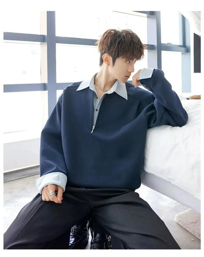 Chuan Spliced Collar Half-Zip-korean-fashion-Half-Zip-Chuan's Closet-OH Garments