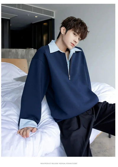 Chuan Spliced Collar Half-Zip-korean-fashion-Half-Zip-Chuan's Closet-OH Garments