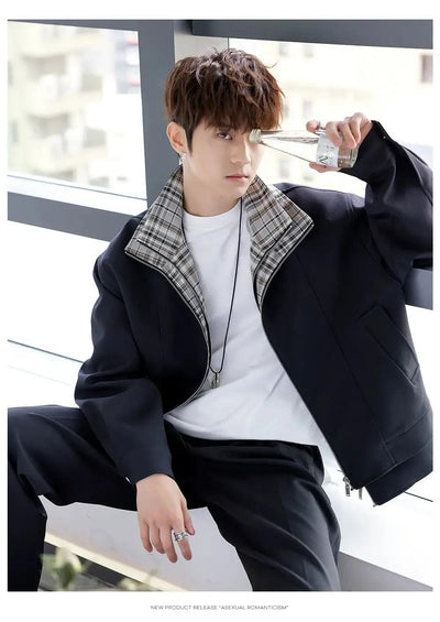Chuan Spliced Plaid Zip-Up Jacket-korean-fashion-Jacket-Chuan's Closet-OH Garments