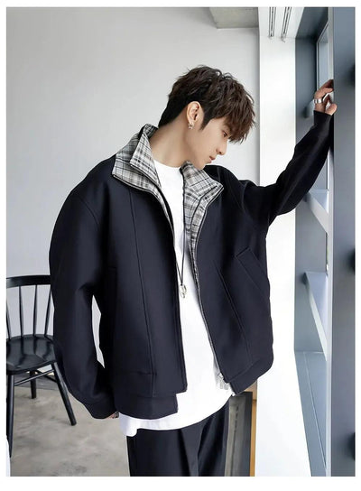 Chuan Spliced Plaid Zip-Up Jacket-korean-fashion-Jacket-Chuan's Closet-OH Garments