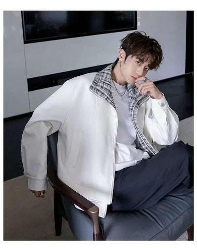 Chuan Spliced Plaid Zip-Up Jacket-korean-fashion-Jacket-Chuan's Closet-OH Garments
