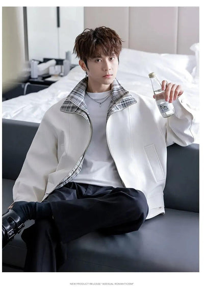 Chuan Spliced Plaid Zip-Up Jacket-korean-fashion-Jacket-Chuan's Closet-OH Garments