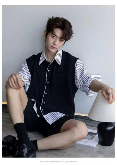 Chuan Spliced Stripe Buttoned Shirt-korean-fashion-Shirt-Chuan's Closet-OH Garments