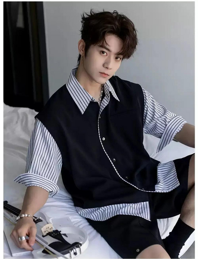 Chuan Spliced Stripe Buttoned Shirt-korean-fashion-Shirt-Chuan's Closet-OH Garments