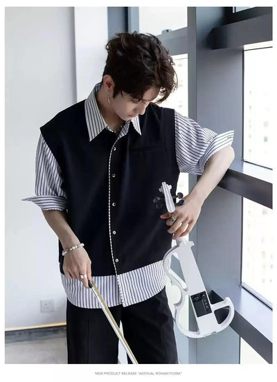 Chuan Spliced Stripe Buttoned Shirt-korean-fashion-Shirt-Chuan's Closet-OH Garments