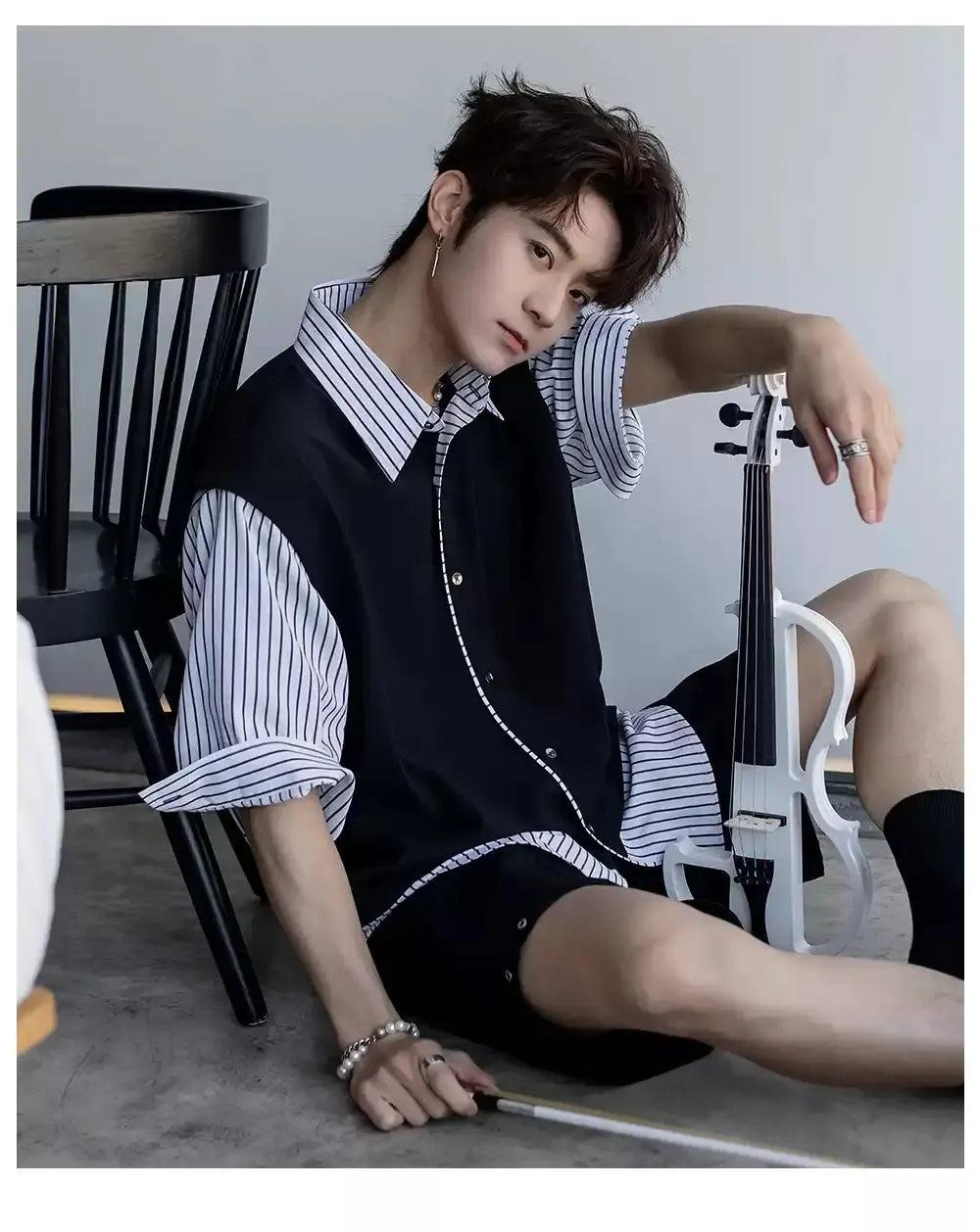 Chuan Spliced Stripe Buttoned Shirt-korean-fashion-Shirt-Chuan's Closet-OH Garments