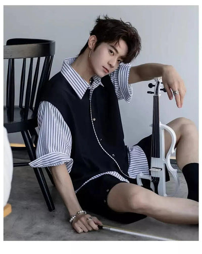 Chuan Spliced Stripe Buttoned Shirt-korean-fashion-Shirt-Chuan's Closet-OH Garments