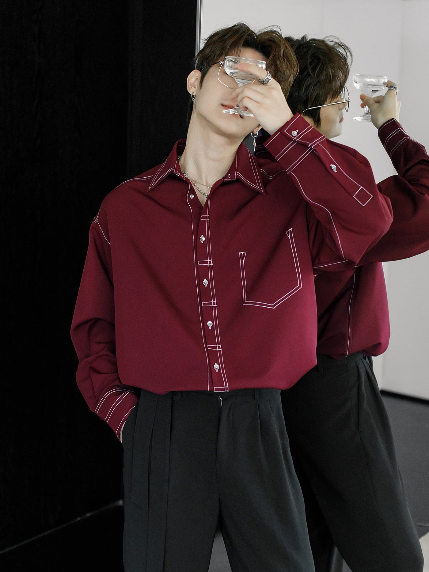 Chuan Stitched Lined Contrast Buttons Shirt-korean-fashion-Shirt-Chuan's Closet-OH Garments