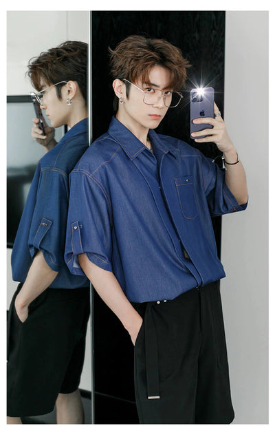 Chuan Stitched Outline Denim Shirt-korean-fashion-Shirt-Chuan's Closet-OH Garments