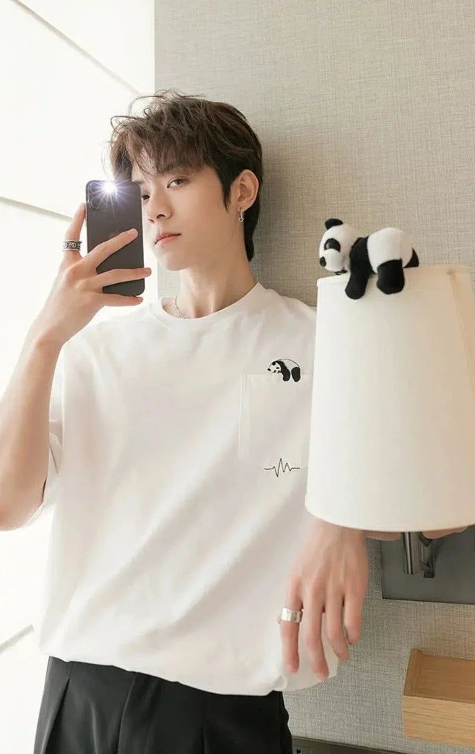 Chuan Stitched Panda Pocket T-Shirt-korean-fashion-T-Shirt-Chuan's Closet-OH Garments