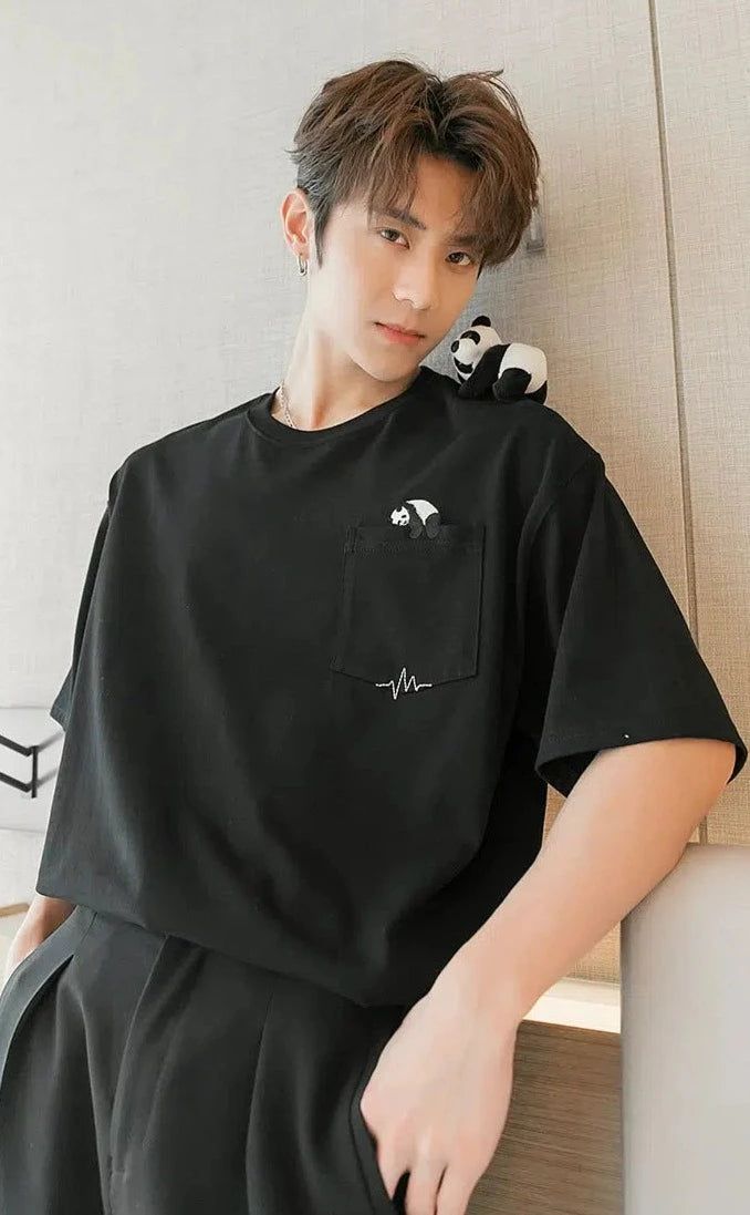 Chuan Stitched Panda Pocket T-Shirt-korean-fashion-T-Shirt-Chuan's Closet-OH Garments