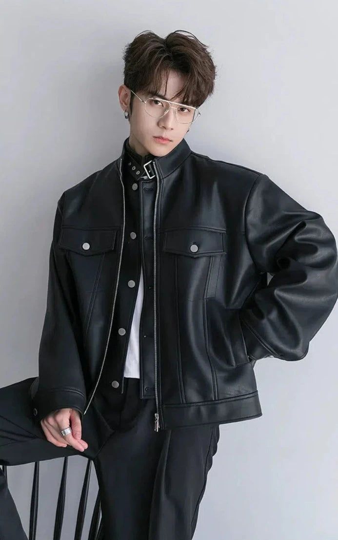Chuan Strapped Collar PU Leather Jacket-korean-fashion-Jacket-Chuan's Closet-OH Garments