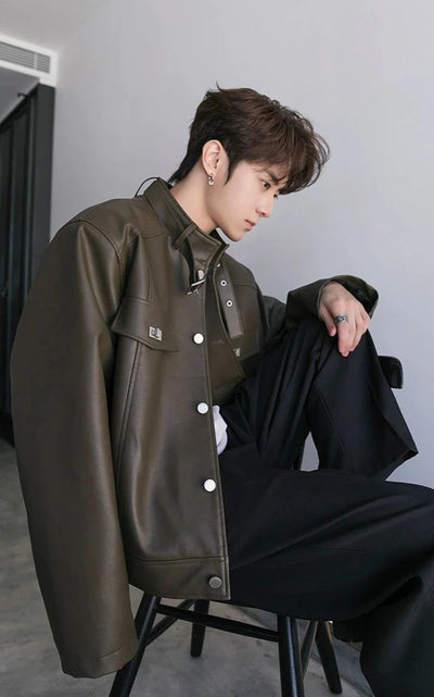 Chuan Strapped Collar PU Leather Jacket-korean-fashion-Jacket-Chuan's Closet-OH Garments
