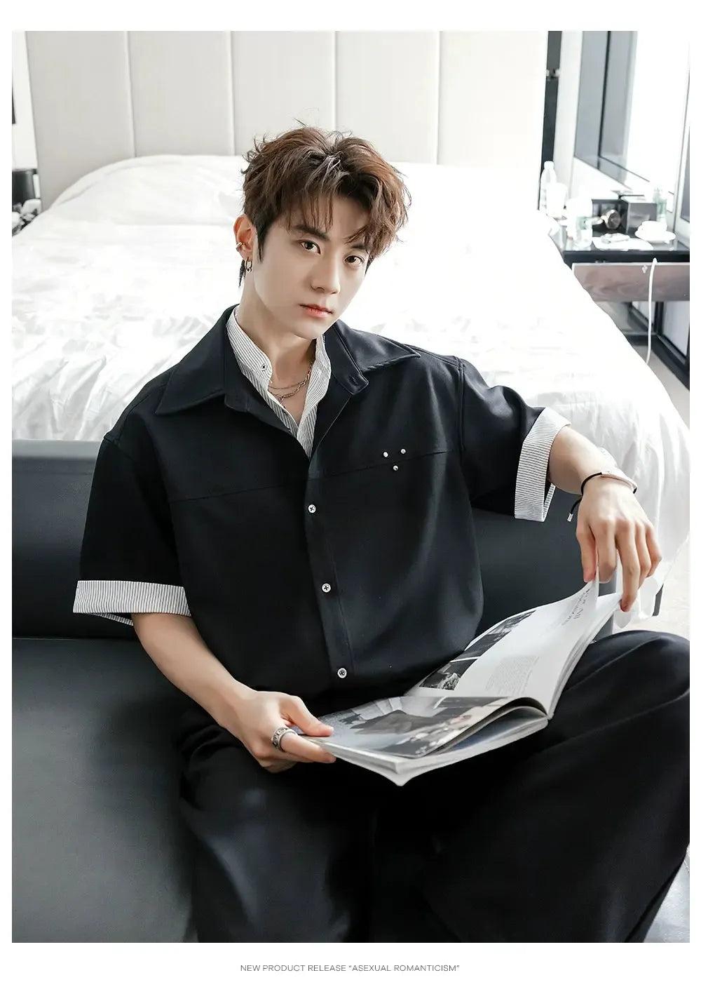Chuan Stripe Layered Short Sleeve Shirt-korean-fashion-Shirt-Chuan's Closet-OH Garments